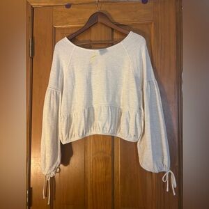 aerie Cream Balloon-Sleeve Cropped Tie-Cuff Sweatshirt